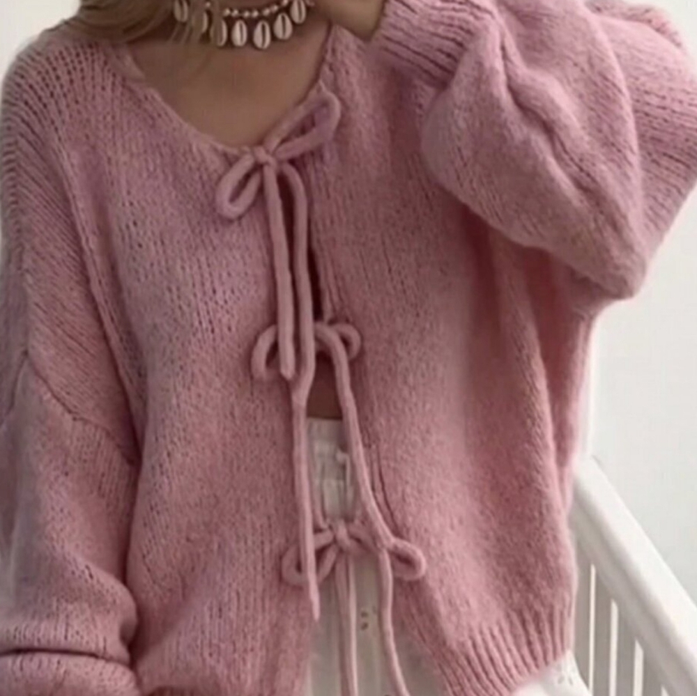 Pink Casual Women's Tie Front Belt Solid Blush Color Knitwear Sweater Cardigan - Picture 3 of 6